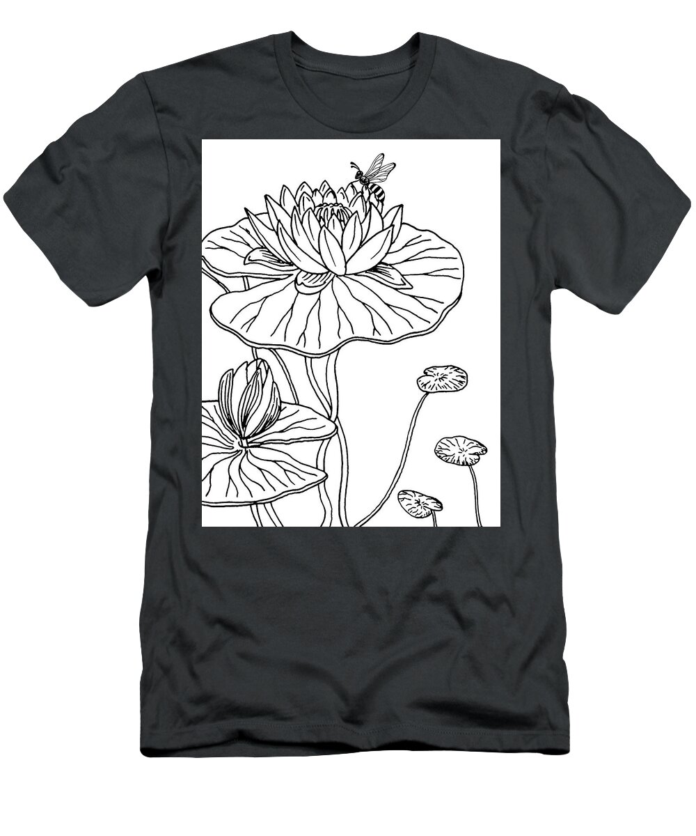 Water Lily T-Shirt featuring the drawing Waterlily And Bee Drawing by Irina Sztukowski