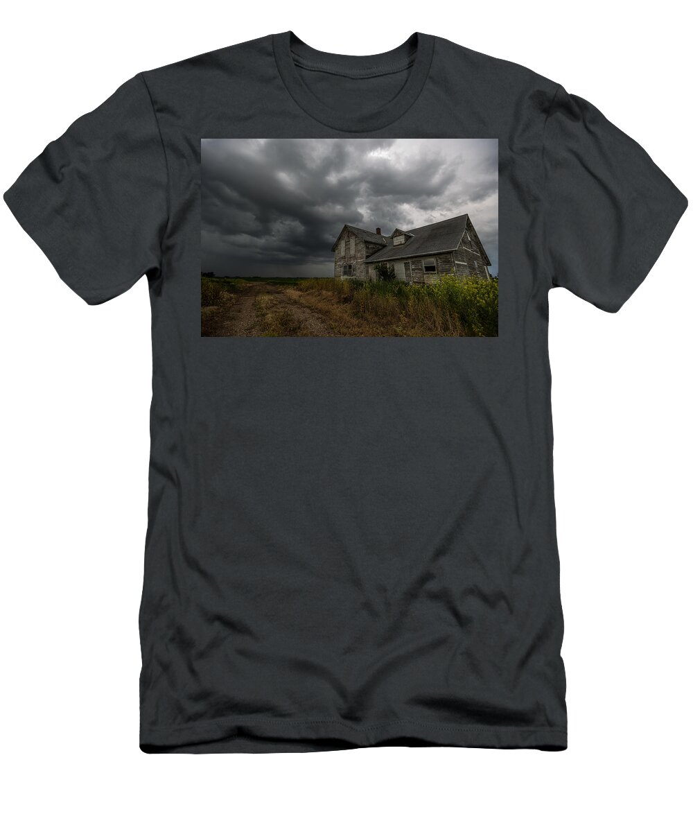 #abandoned #abandoned House #architecture #cloud #clouds #dangerous #davis #dec #decay #dirt #hail #hifromsd #house #lightning #old #rain #ravel #rural #severe #sky #south Dakota #storm #thunderstorm #tornado Warning #usa #weather #weeds T-Shirt featuring the photograph Weathered 5 by Aaron J Groen