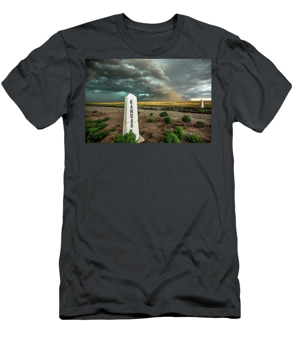 Kansas T-Shirt featuring the photograph Welcome to Kansas - Storm Advances Over State Line by Southern Plains Photography