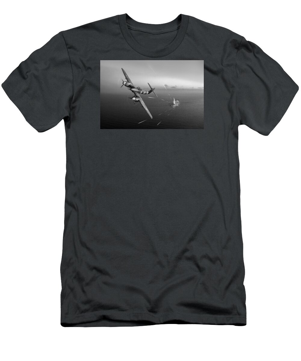137 Squadron T-Shirt featuring the photograph Westland Whirlwind attacking E-boats black and white version by Gary Eason