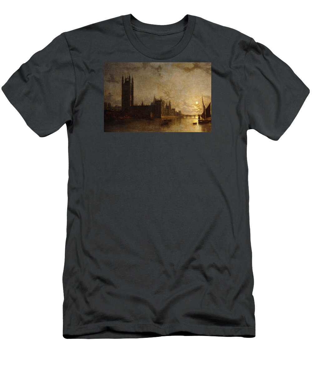 Thames T-Shirt featuring the painting Westminster Abbey, The Houses of Parliament with the Construction of Westminster Bridge by Henry Pether
