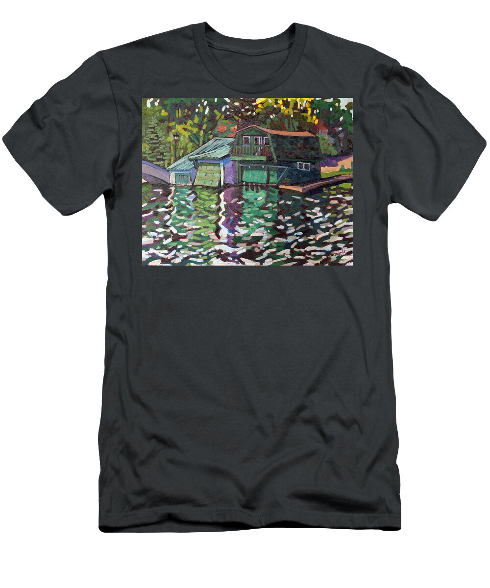 Westport T-Shirt featuring the painting Westport Boathouse by Phil Chadwick
