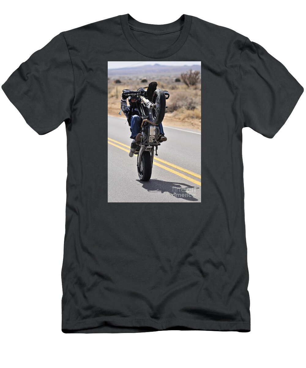 Motorcycle T-Shirt featuring the photograph Wheelie in the Desert by Robert WK Clark