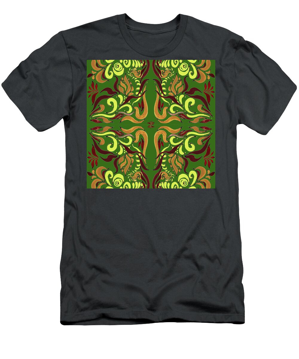 Whimsical T-Shirt featuring the painting Whimsical Organic Pattern in Yellow and Green I by Irina Sztukowski