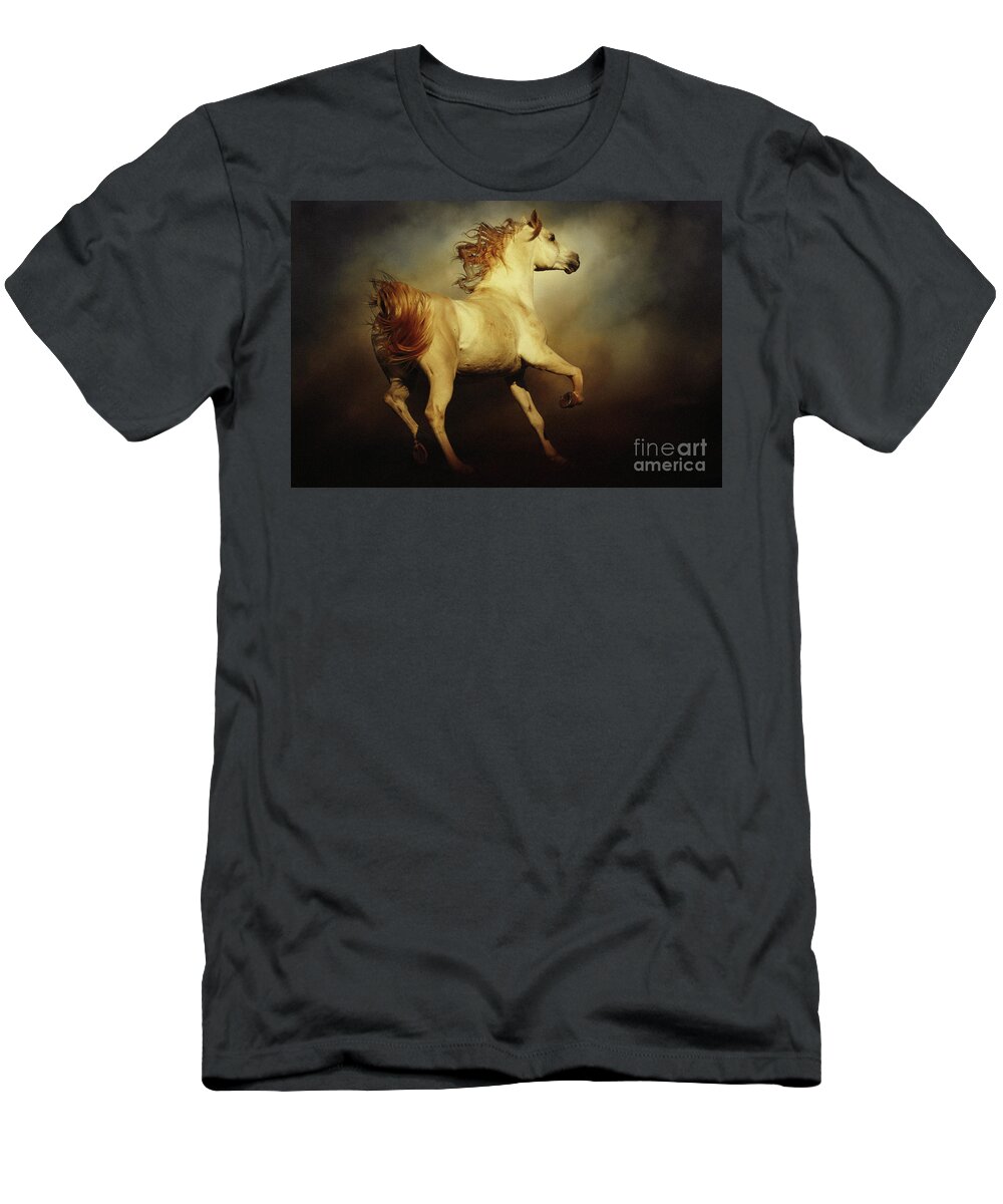 Horse T-Shirt featuring the photograph White arabian horse with long beautiful mane by Dimitar Hristov