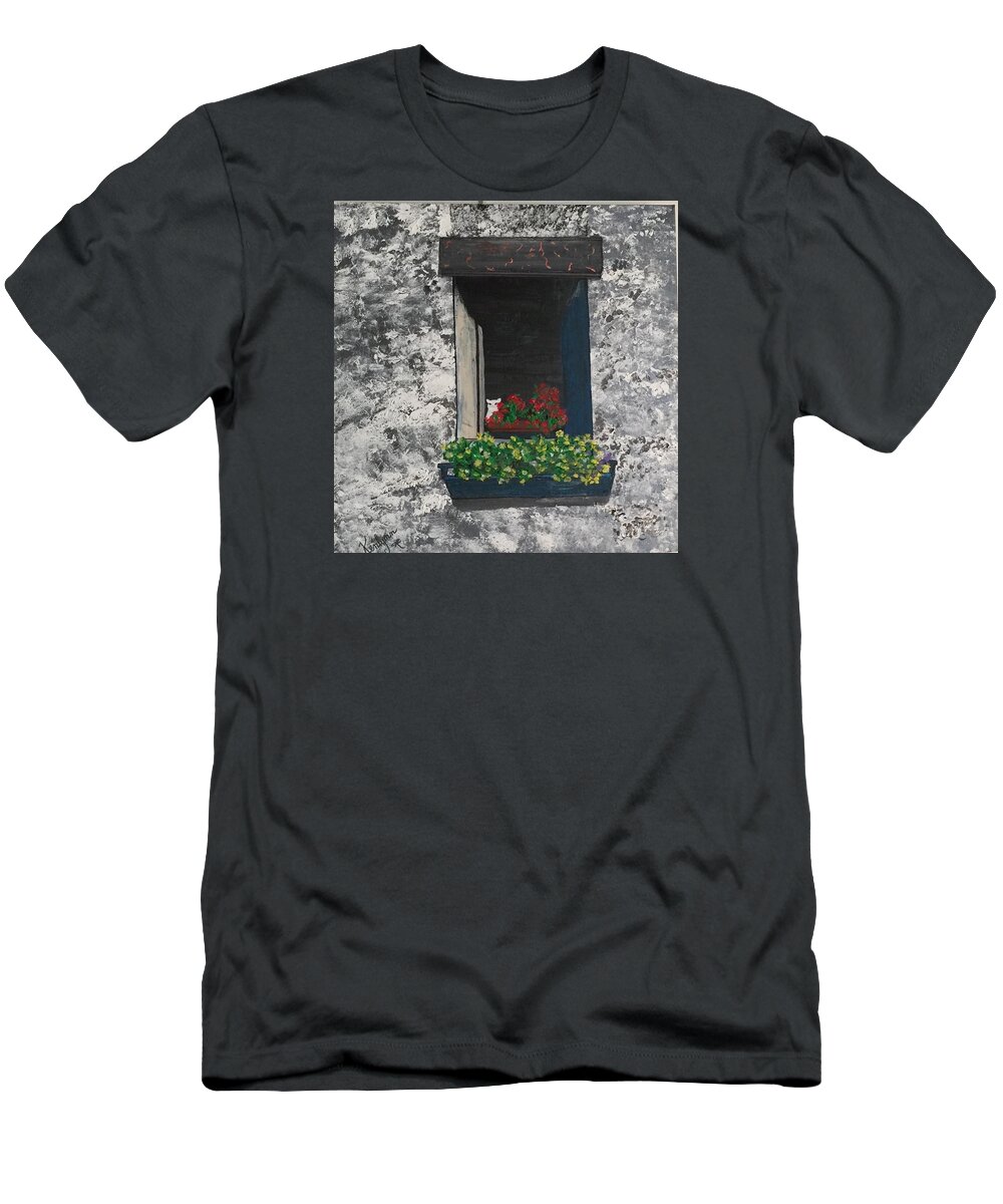 Cat T-Shirt featuring the painting Italy-Window in Orvieto by Kenlynn Schroeder