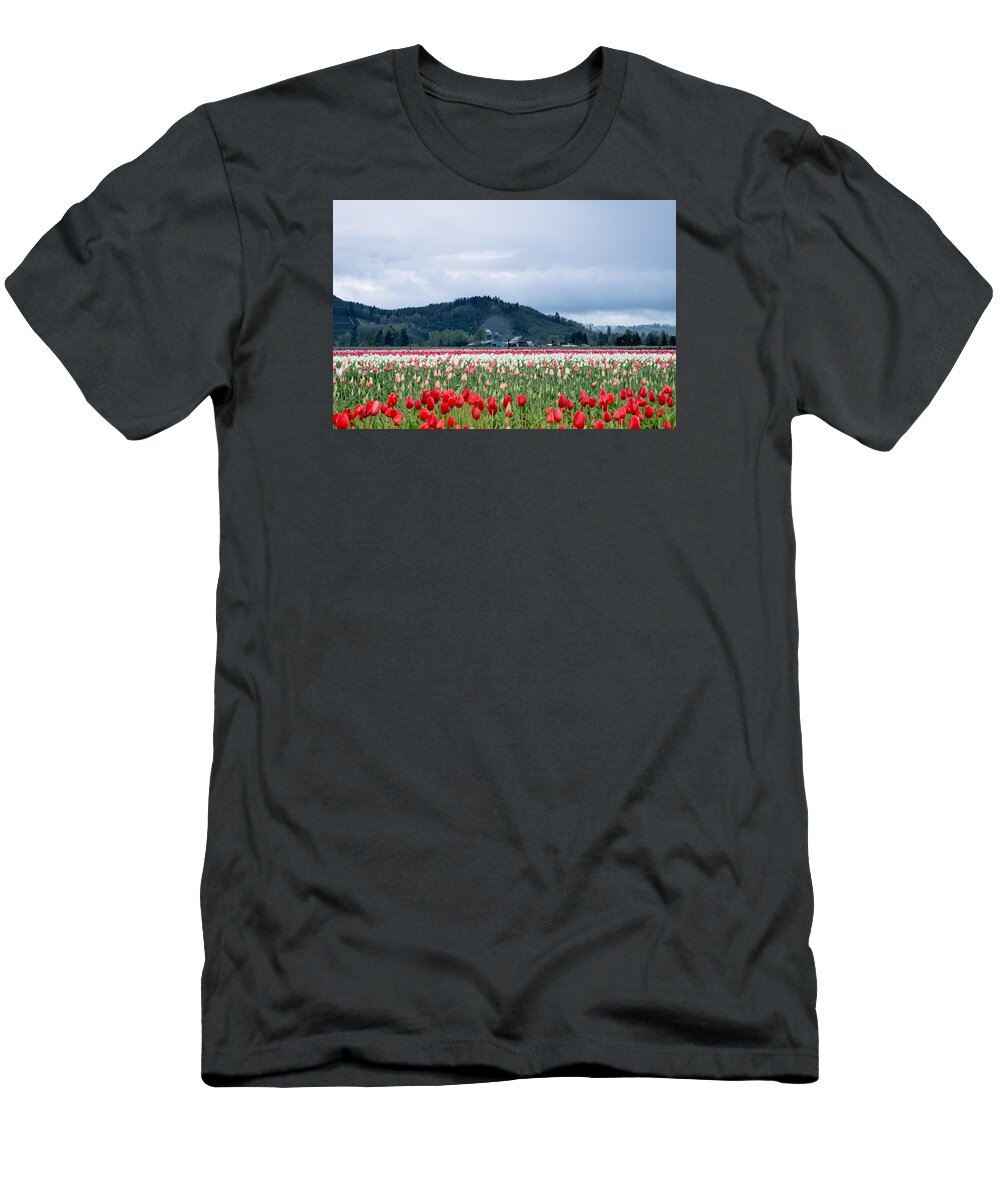 Tulips; Floral; Flowers; Red; Red Flowers; White; White Tulips; Clouds; Rainy Sky; Washington State; Bulb Farm; Degoede Bulb Farm; Cascade Mountains Foothills; Sr12; White Pass Highway; Mossyrock; Rural American; Farm; Farm Land; Rural Setting; White Pass Highway With Tulips; E Faithe Lester T-Shirt featuring the photograph White Pass Highway with Tulips by E Faithe Lester