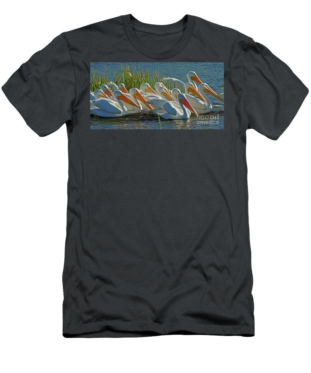Pelican T-Shirt featuring the photograph White Pelican Sun Party by Larry Nieland
