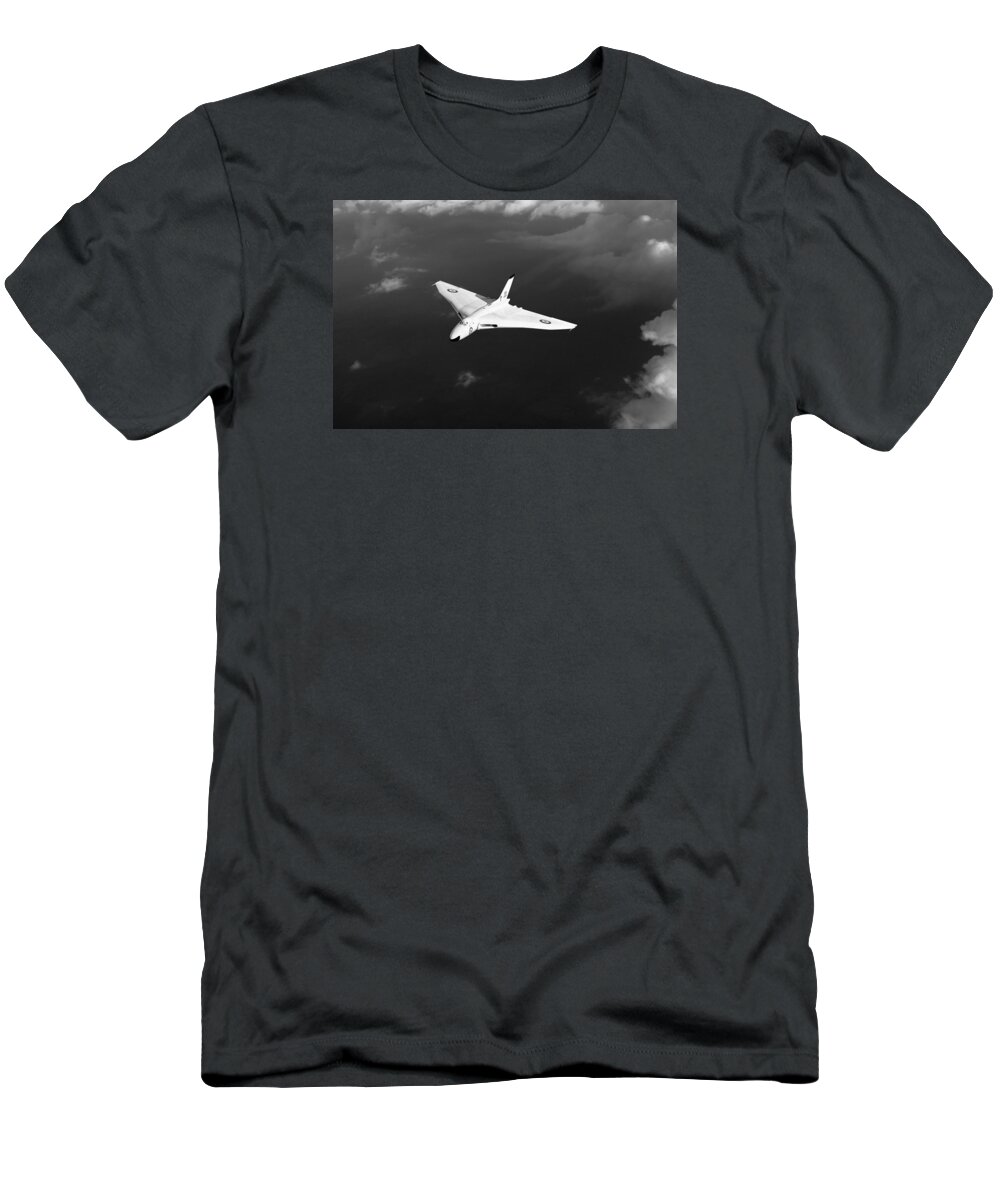 Avro Vulcan T-Shirt featuring the digital art White Vulcan B1 at altitude black and white version by Gary Eason