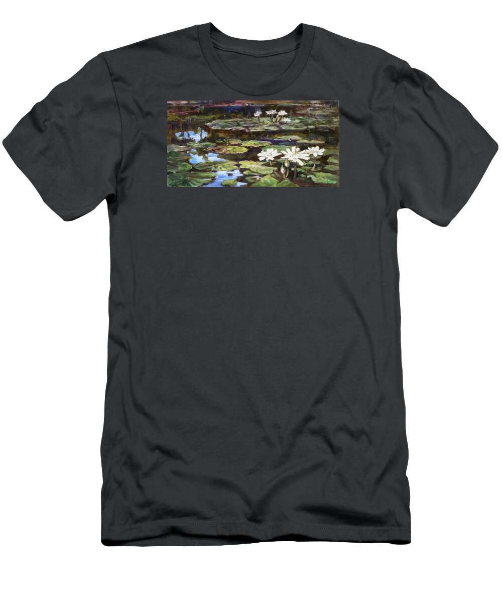 Tower Grove Park T-Shirt featuring the painting White waterlilies in Tower Grove Park by Irek Szelag