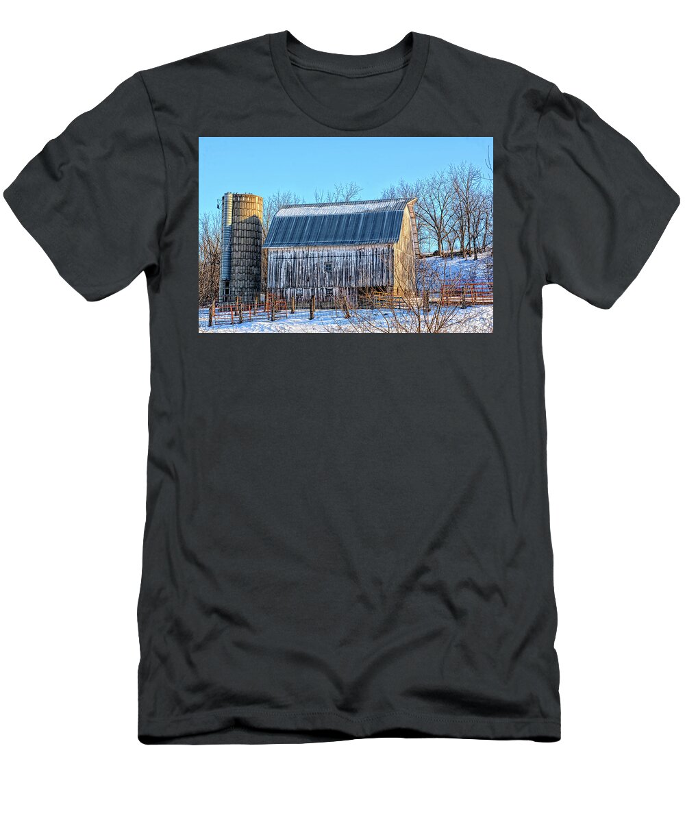 Barn T-Shirt featuring the photograph White Winter Barn by Bonfire Photography