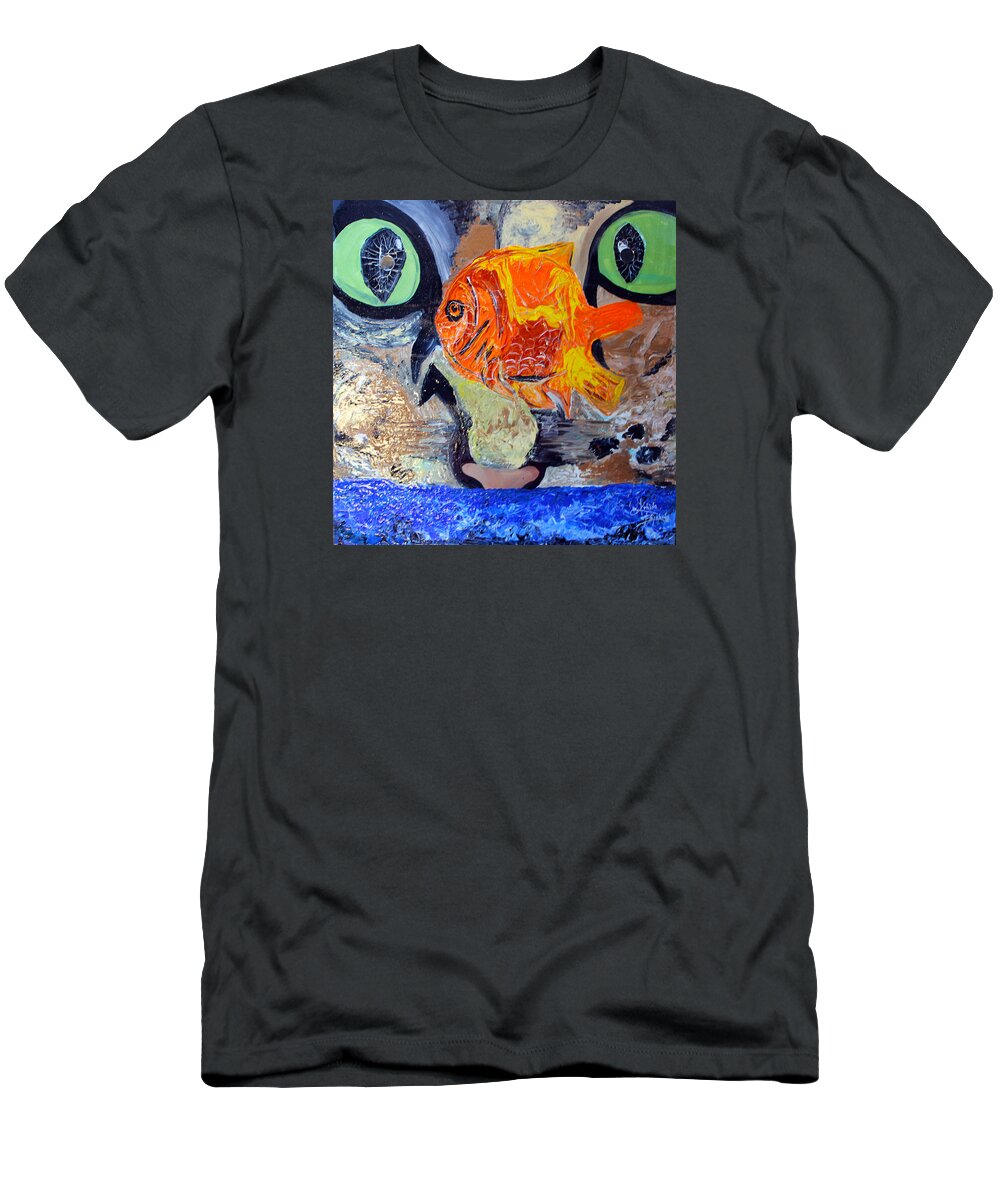Cat T-Shirt featuring the painting Who let the cat out by Artista Elisabet