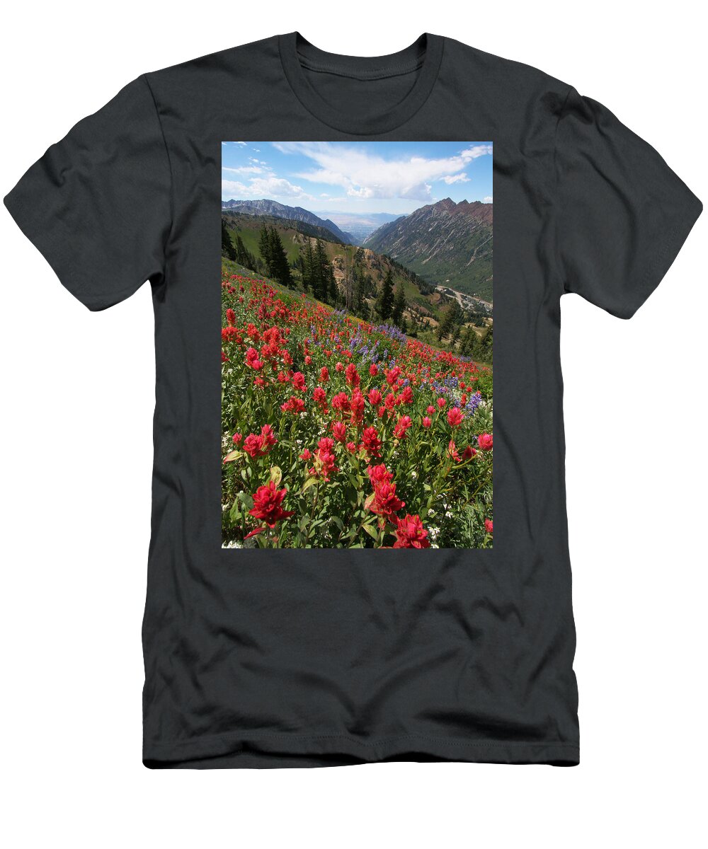 Landscape T-Shirt featuring the photograph Wildflowers and View Down Canyon by Brett Pelletier