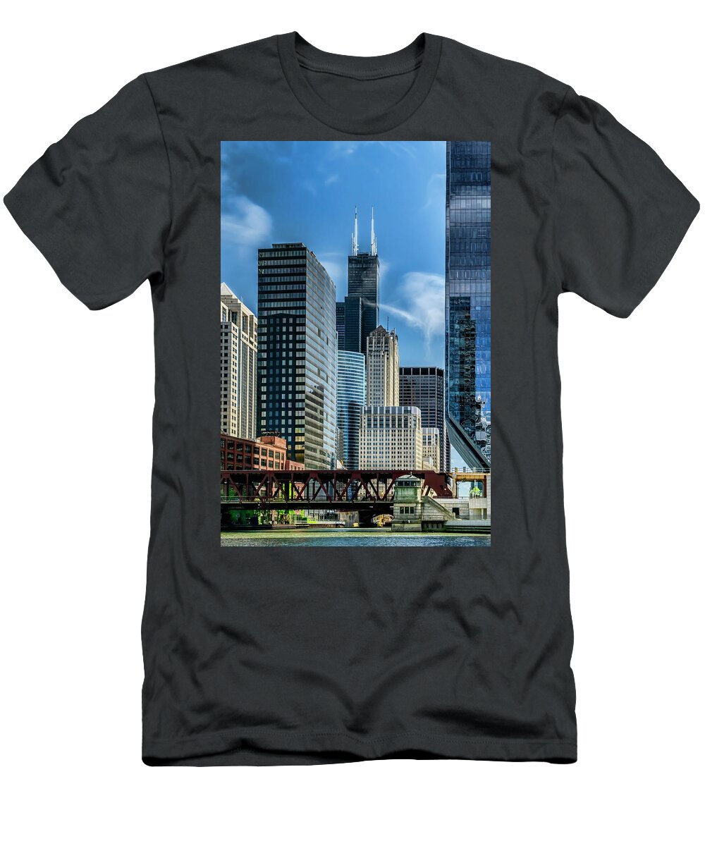 Willis Tower T-Shirt featuring the photograph Willis tower, skyline and Chicago River on a sunny day by Sven Brogren