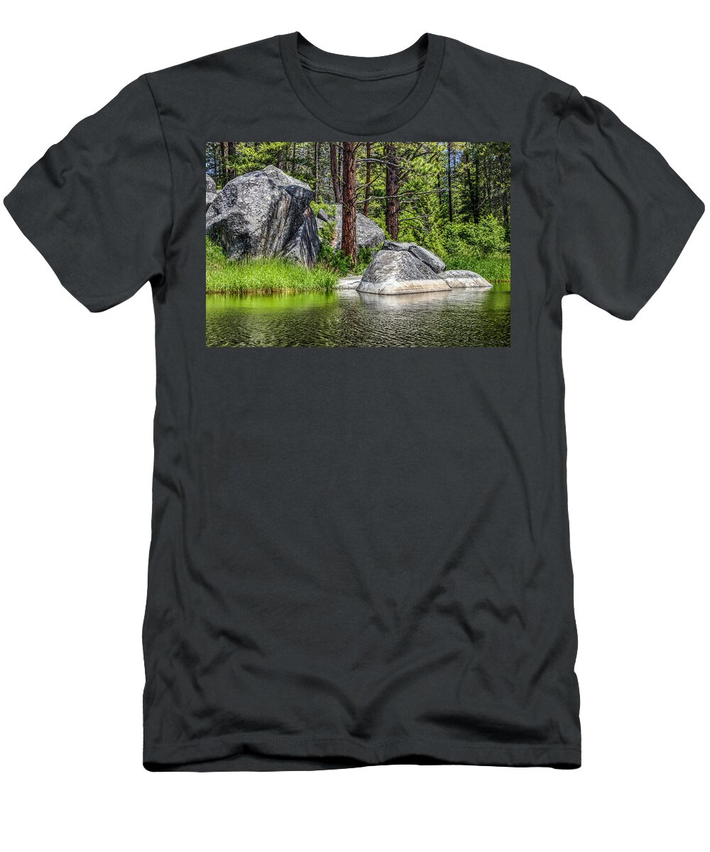 Winchester Idaho Lake Boulder Rocks Green Pine Trees Clear Water Hdr Ripples Drawing T-Shirt featuring the photograph Winchester Lake Rocks by Brad Stinson