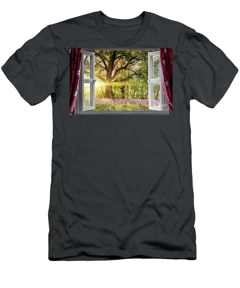 Window T-Shirt featuring the photograph Window open onto bluebell forest sunrise by Simon Bratt