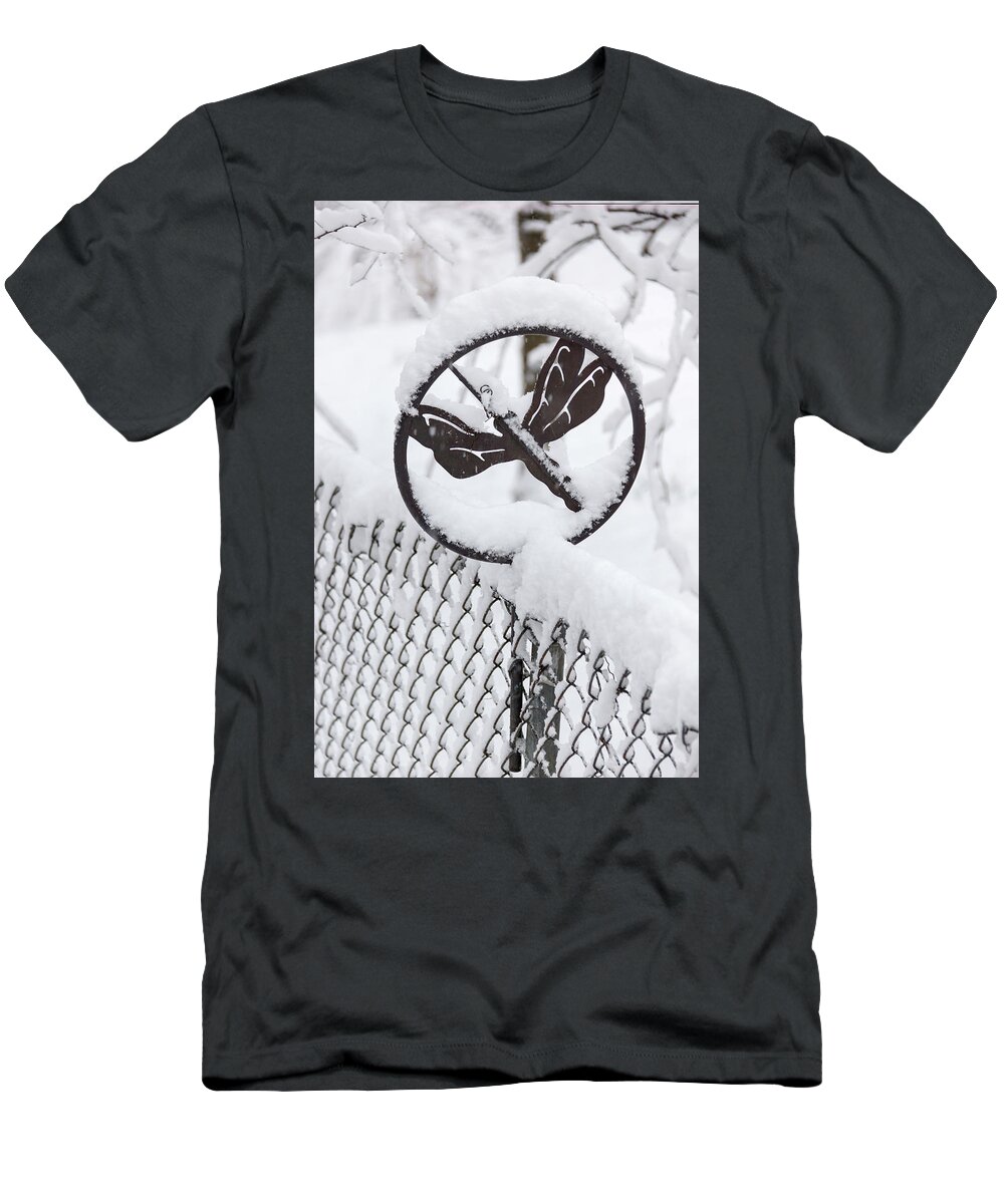 2018 T-Shirt featuring the photograph Winter in Spring Dragonfly on Fence by Teresa Mucha