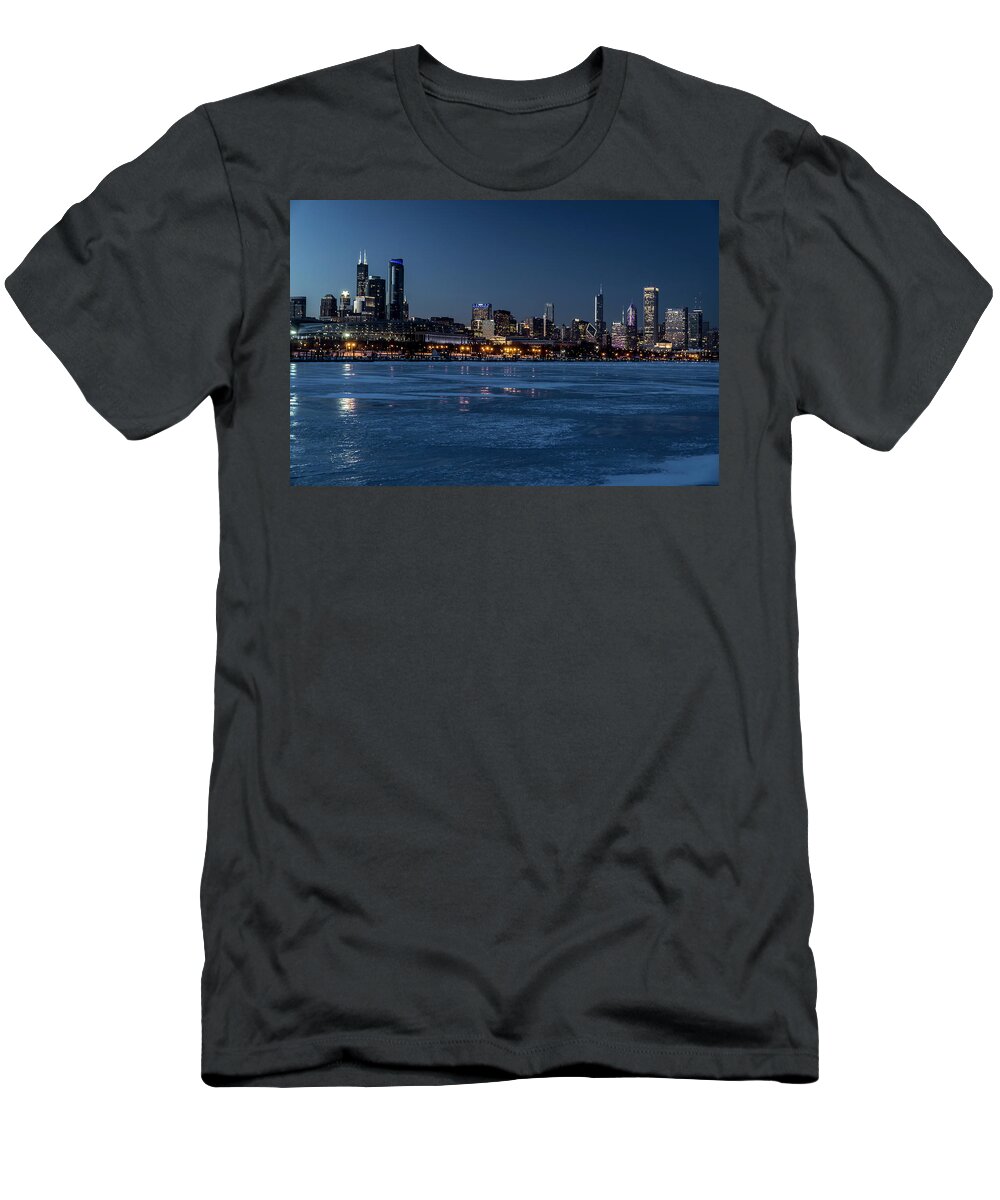 Chicago Skyline T-Shirt featuring the photograph Wintry Chicago Skyline at dusk by Sven Brogren