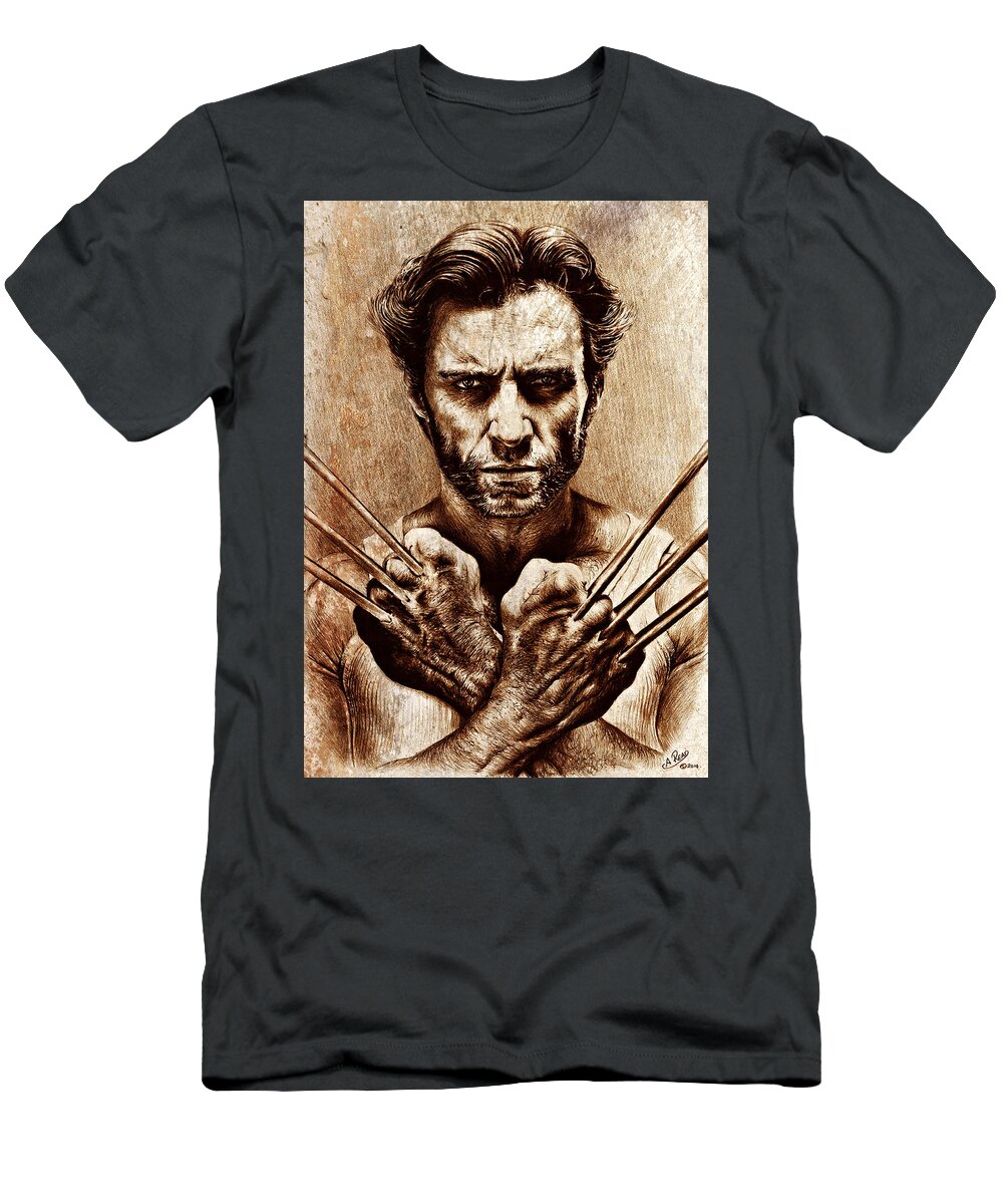 Wolverine T-Shirt featuring the drawing Hugh Jackman as Wolverine sepia mix by Andrew Read