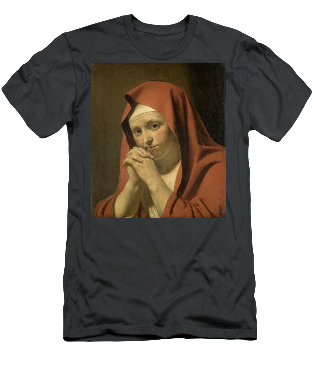 Circle Of Caesar Van Everdingen T-Shirt featuring the painting Woman Praying by Circle of Caesar van Everdingen