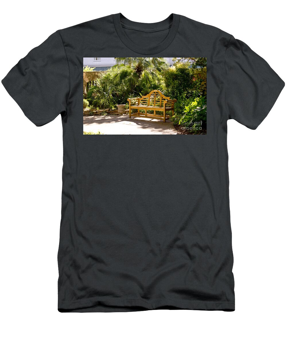 Bench T-Shirt featuring the photograph Wooden Bench in Alamo by Elena Perelman