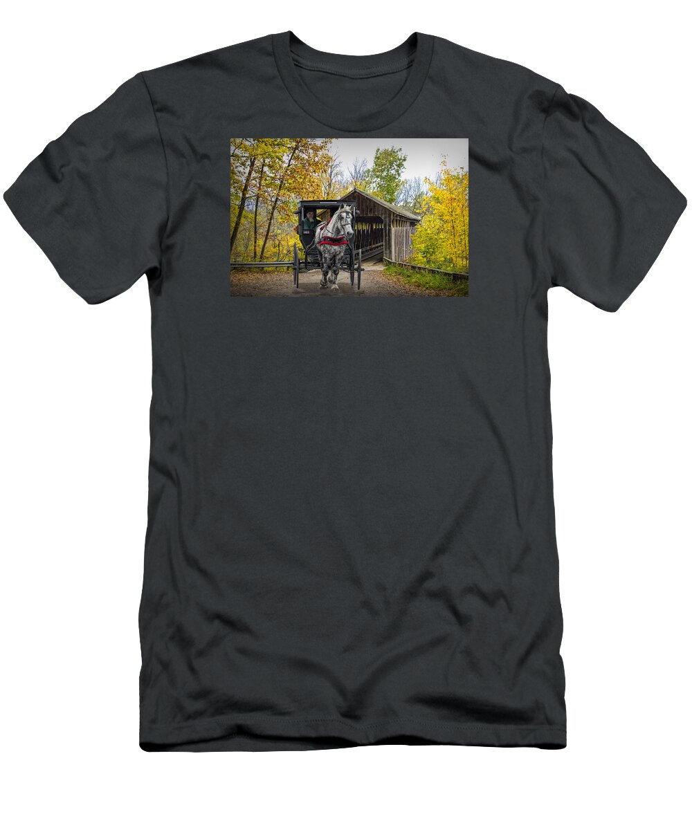 Buggy T-Shirt featuring the photograph Wooden Covered Bridge and Amish Horse and Buggy in Autumn by Randall Nyhof