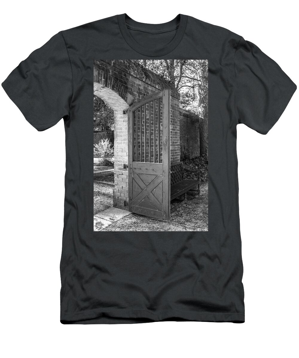 Colonial Williamsburg T-Shirt featuring the photograph Wooden Garden Door B W by Teresa Mucha