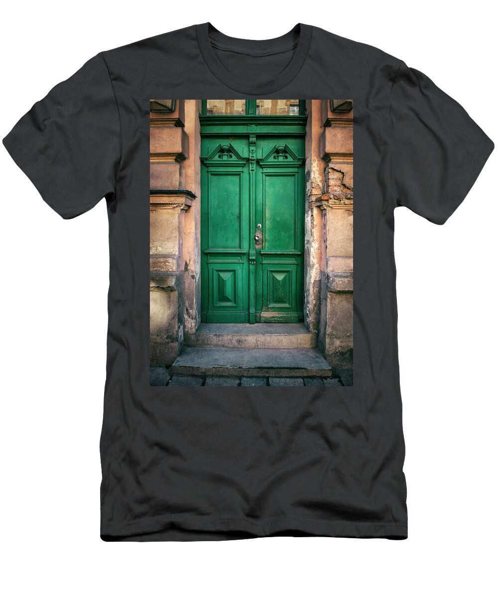 Gate T-Shirt featuring the photograph Wooden ornamented gate in green color by Jaroslaw Blaminsky