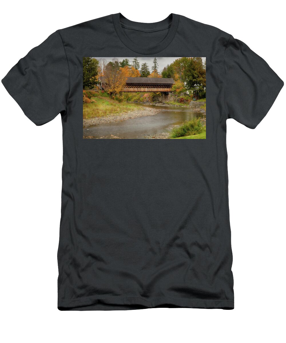 Covered Bridge T-Shirt featuring the photograph Woodstock covered bridge in Vermont fall foliage by Jeff Folger