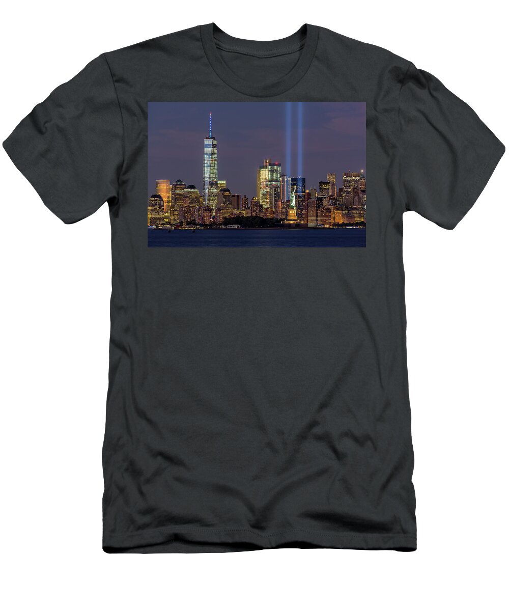 September 11 T-Shirt featuring the photograph World Trade Center WTC Tribute In Light Memorial by Susan Candelario