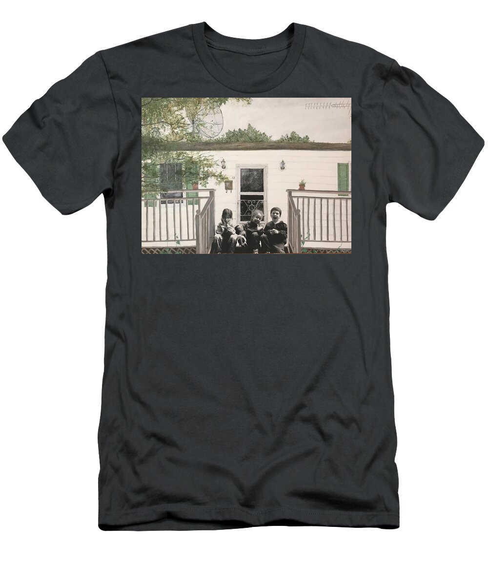 Realism T-Shirt featuring the painting Yeah, You Boys Always Stick Together by Leah Tomaino