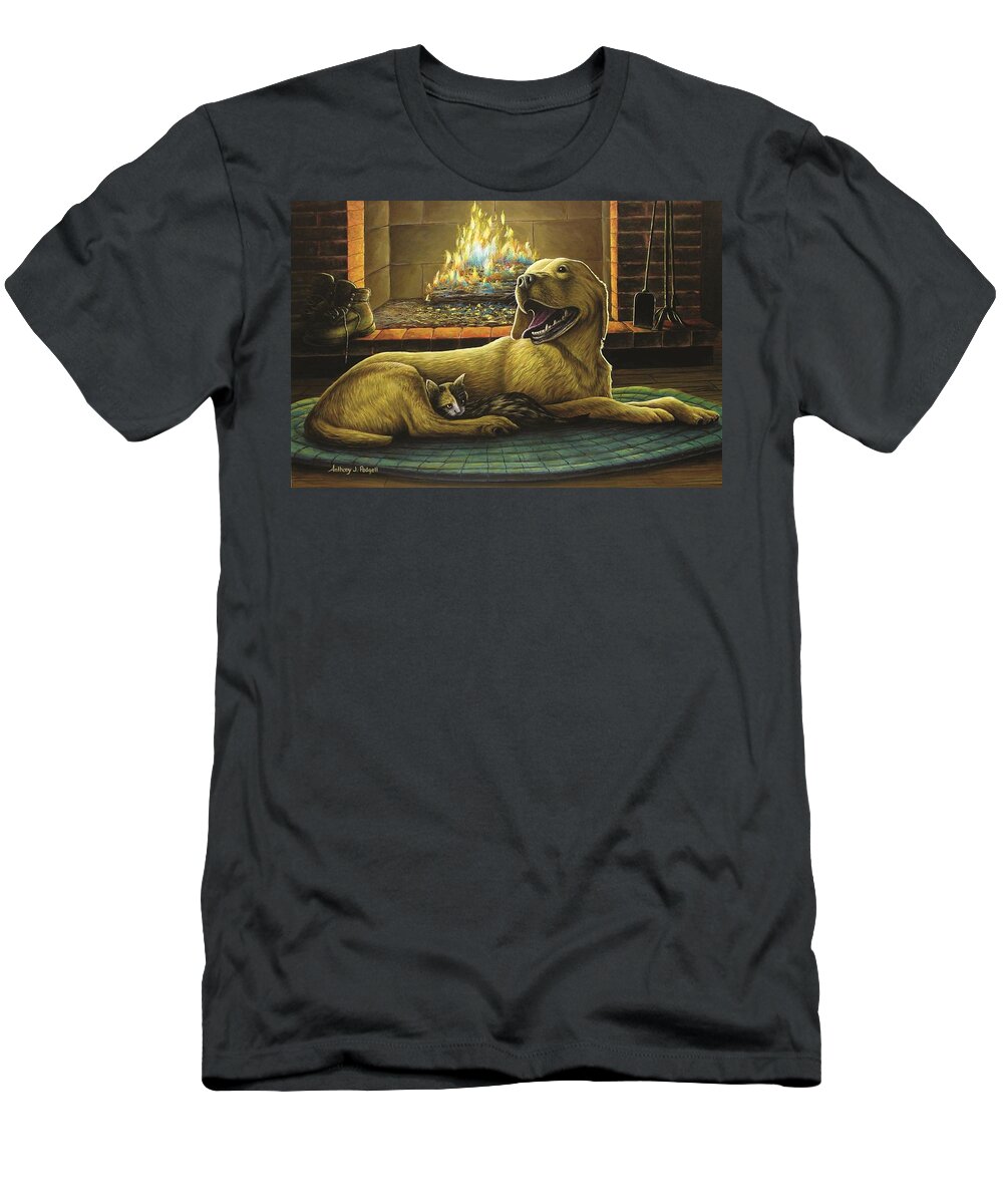 Yellow Lab T-Shirt featuring the painting Yellow Lab with Kitten by Anthony J Padgett