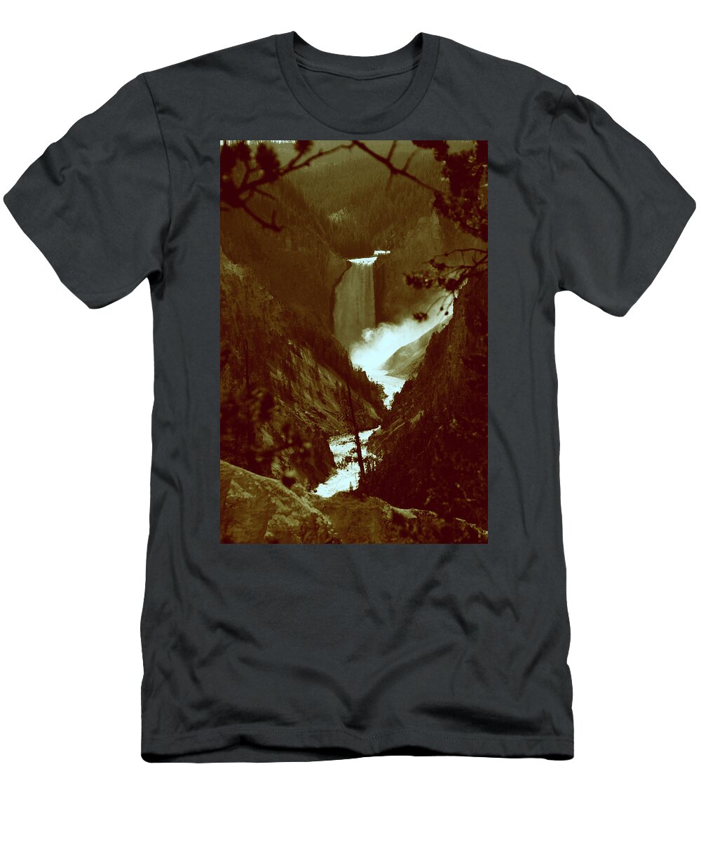 Yellowstone National Park T-Shirt featuring the photograph Yellowstone Park August At Artist Point Lower Falls Vintage by Thomas Woolworth