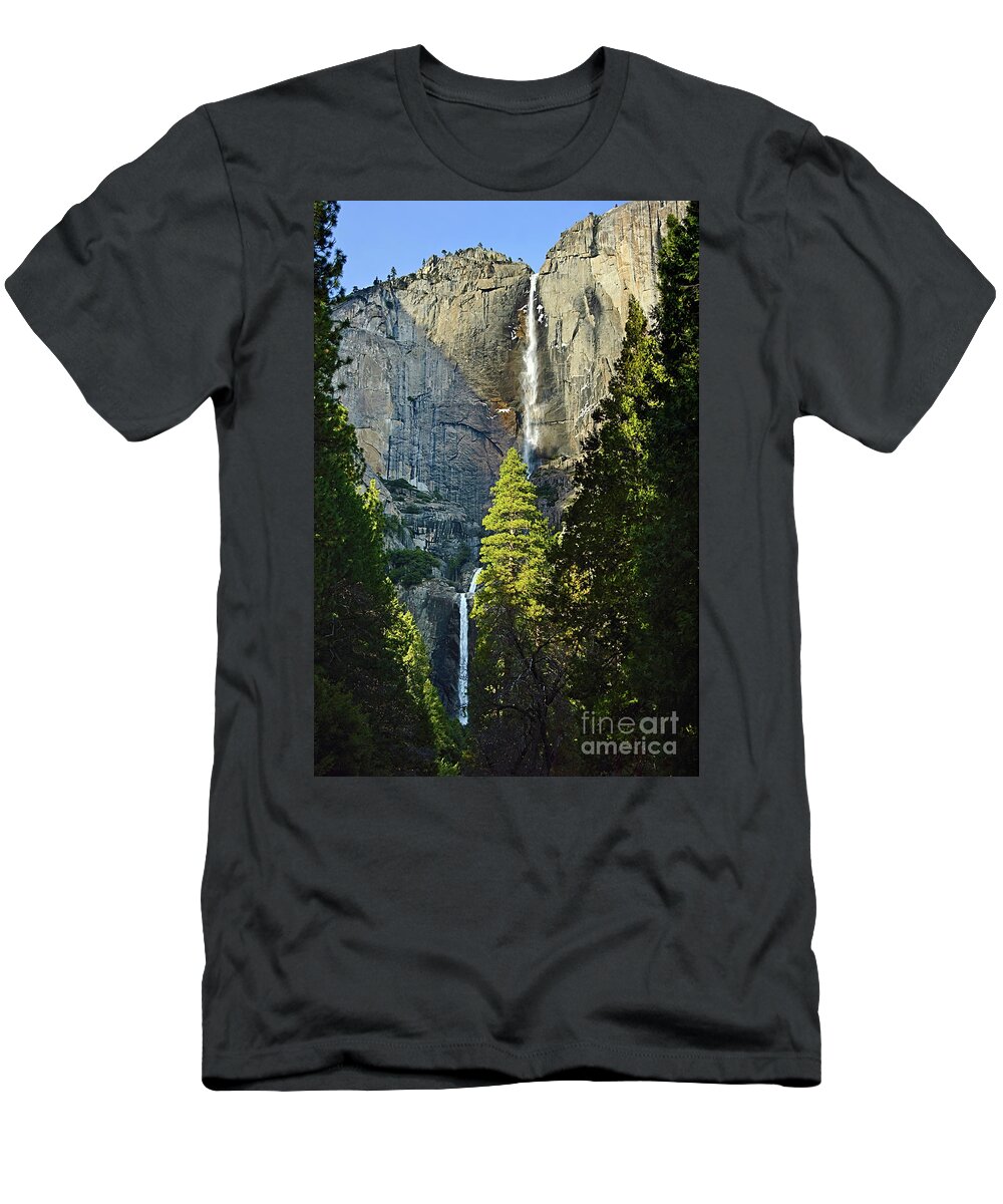 Yosemite Falls T-Shirt featuring the photograph Yosemite Falls with late afternoon light in Yosemite National Park. by Jamie Pham