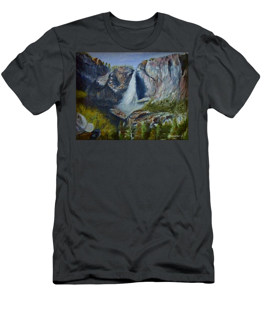 Waterfall T-Shirt featuring the painting Yosemite Waterfall by Quwatha Valentine