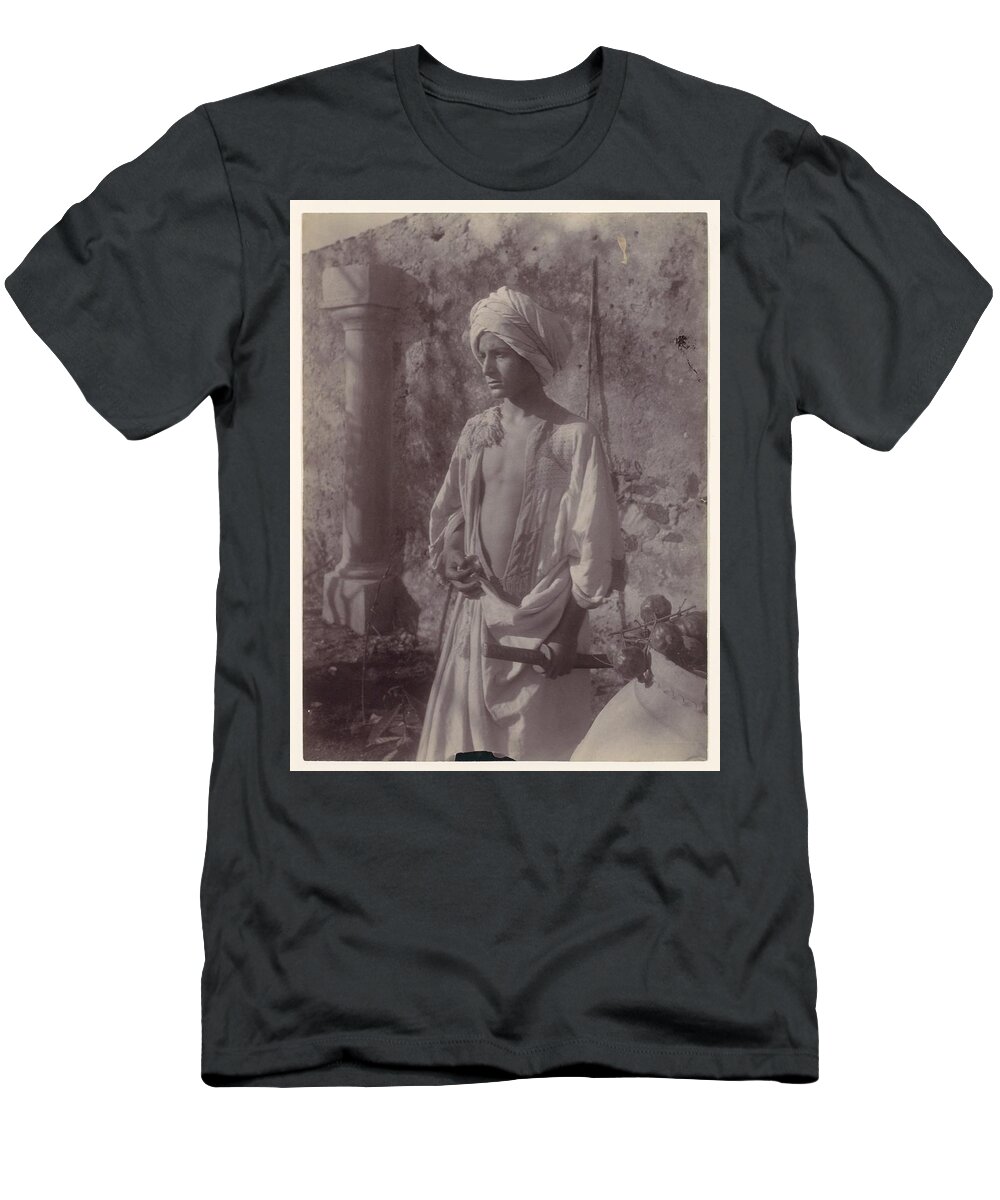 [young Man In White Robe And Head Gear Holding Scabbard T-Shirt featuring the painting Young Man in White Robe and Head Gear Holding Scabbard by MotionAge Designs