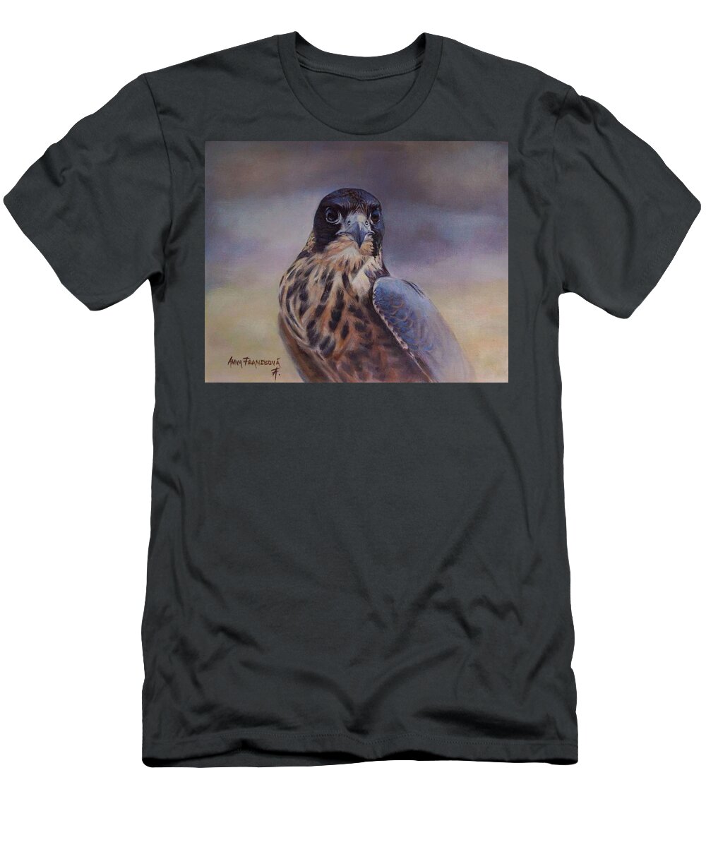 Falconry T-Shirt featuring the painting Young peregrine falcon by Anna Franceova