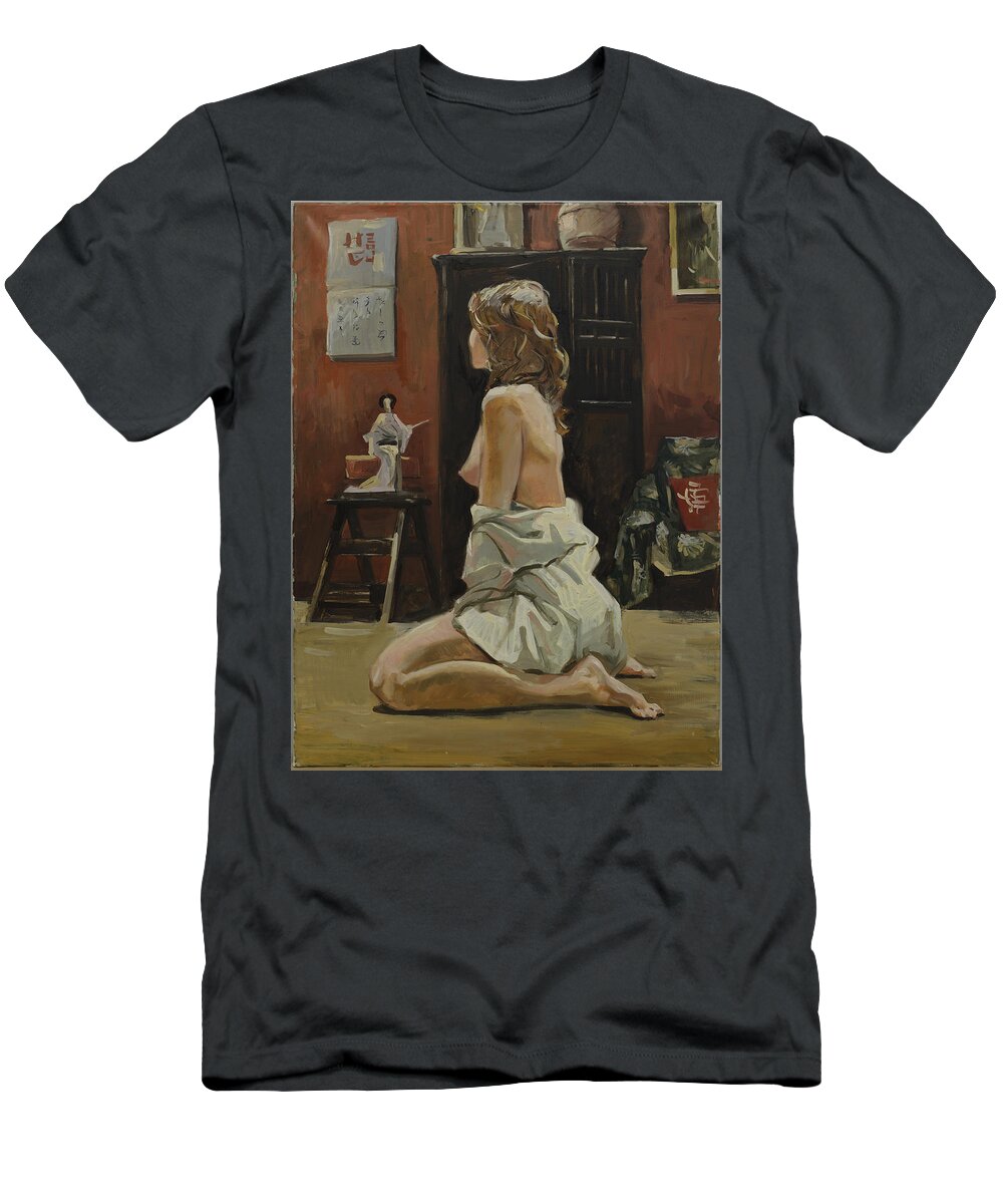 Russian Artists New Wave T-Shirt featuring the painting Young Woman Dressed in Male Shirt by Igor Sakurov