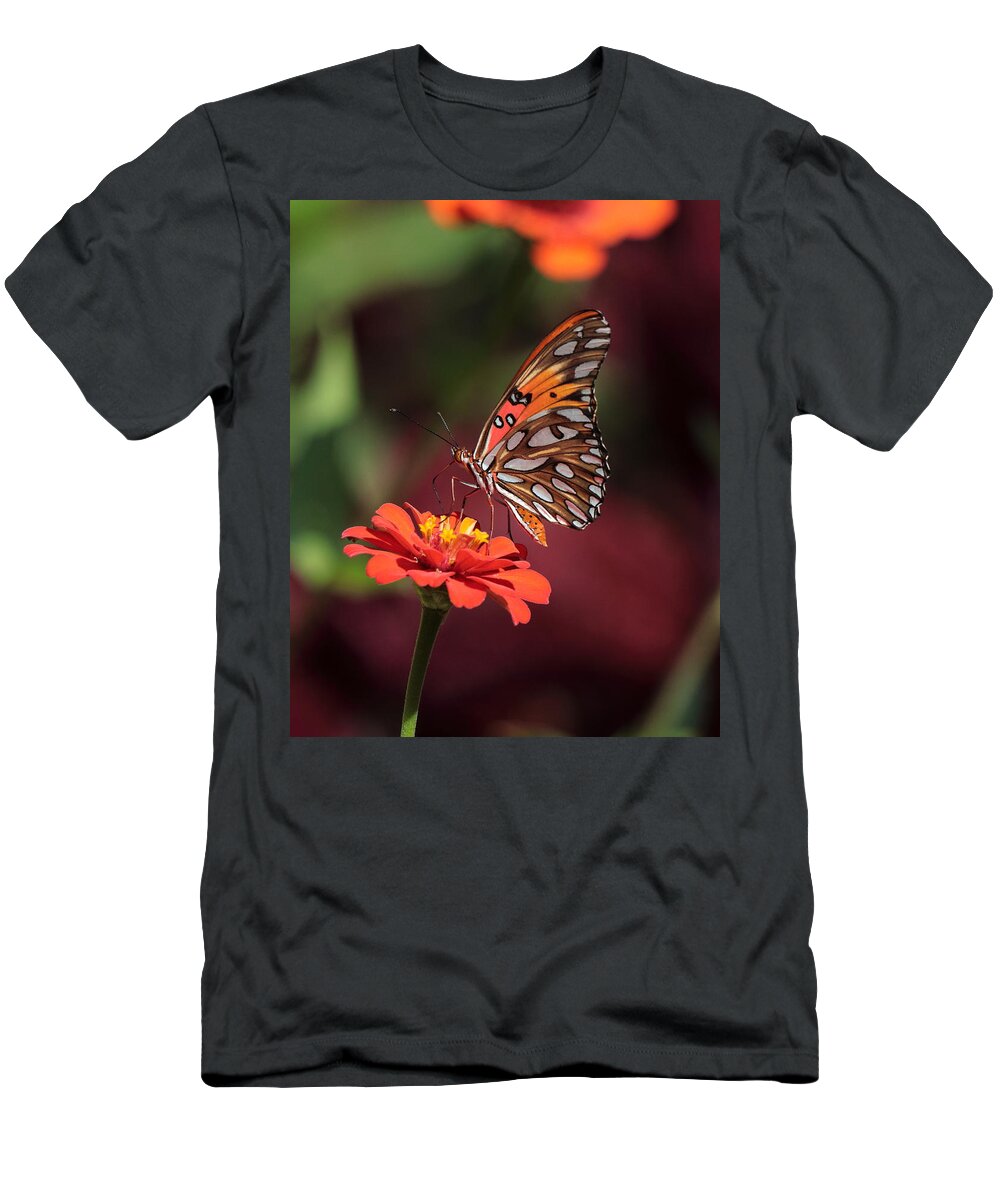 Zinnia T-Shirt featuring the photograph Zinnia with Butterfly 2668 by John Moyer