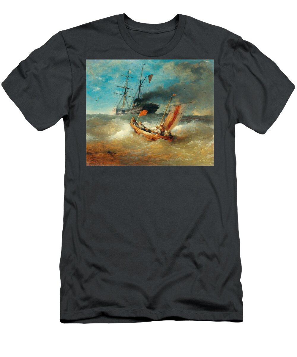 Sea T-Shirt featuring the painting Andreas Achenbach Kassel 1815-1910 Dusseldorf A fishing boat at sea, in the background a steamboat #1 by Andreas Achenbach