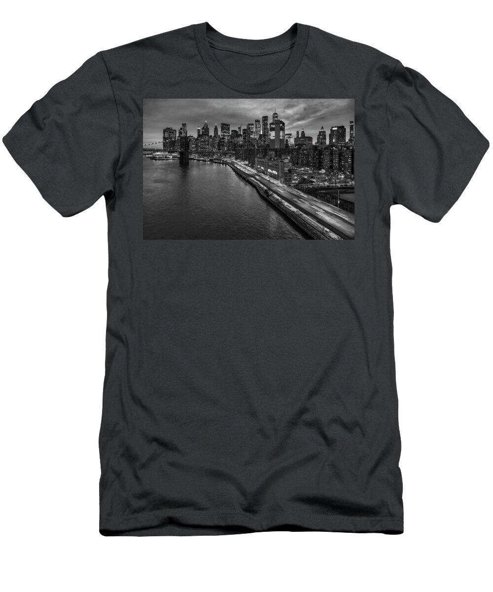 Nyc Skyline T-Shirt featuring the photograph Brooklyn Bridge and Lower Manhattan Skyline #1 by Susan Candelario
