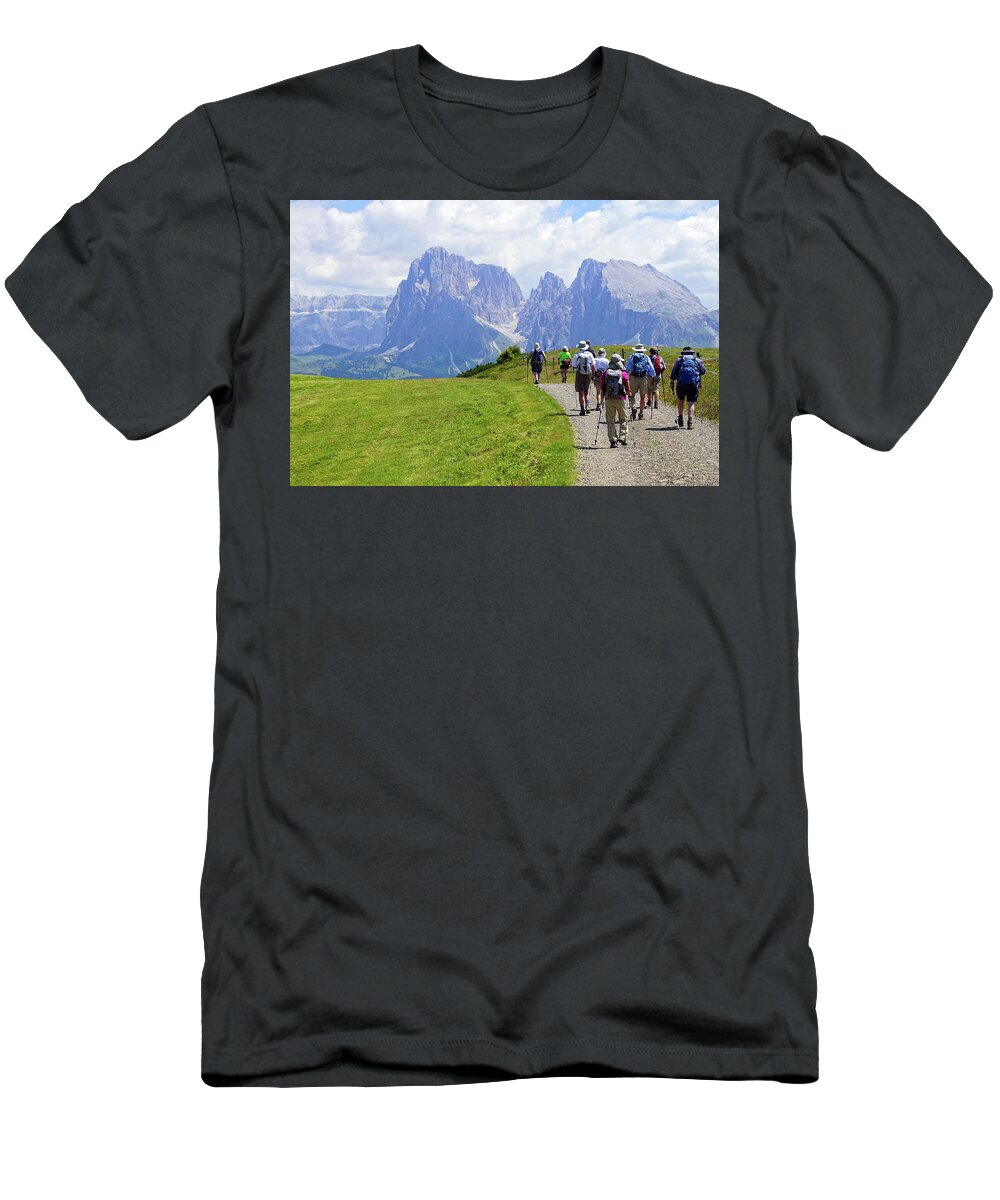 Italy T-Shirt featuring the photograph Hikers walking towards the Langkofel #1 by Steve Estvanik