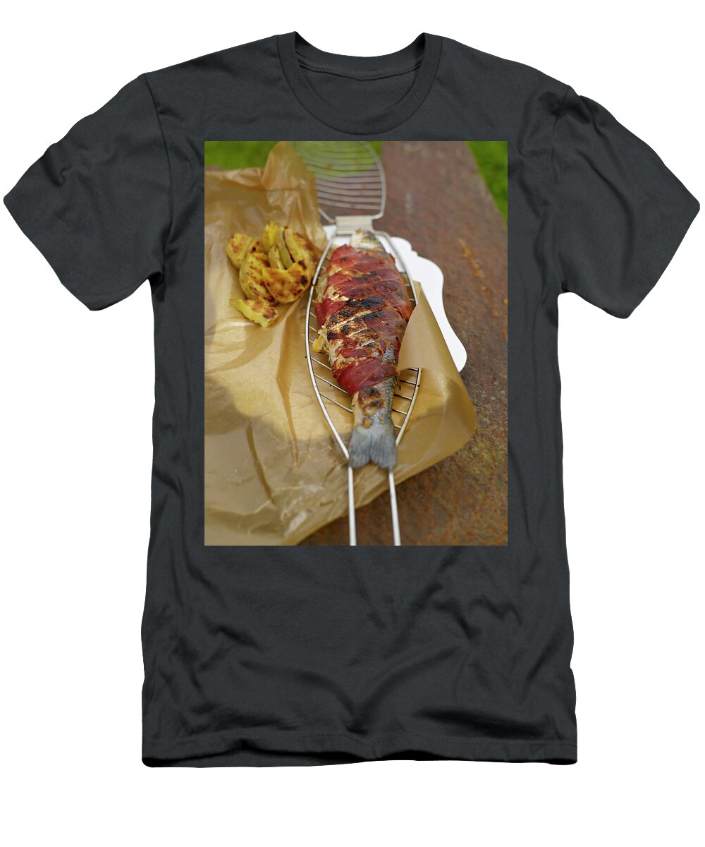 Ip_10260049 T-Shirt featuring the photograph Loup De Mer With Lemon And Butter, Overhead View #1 by Jalag / Michael Holz