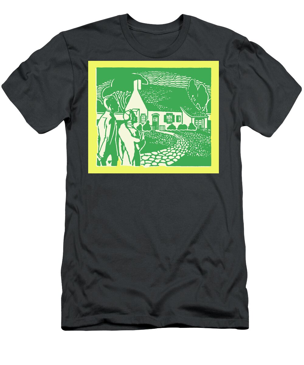 Adult T-Shirt featuring the drawing Man and Woman Walking to a House #1 by CSA Images