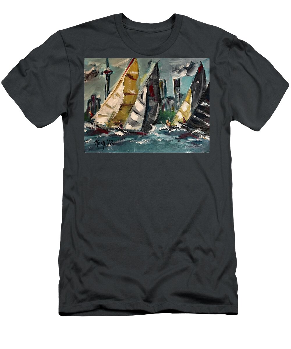 Harbor T-Shirt featuring the painting Racing Day #1 by Roxy Rich
