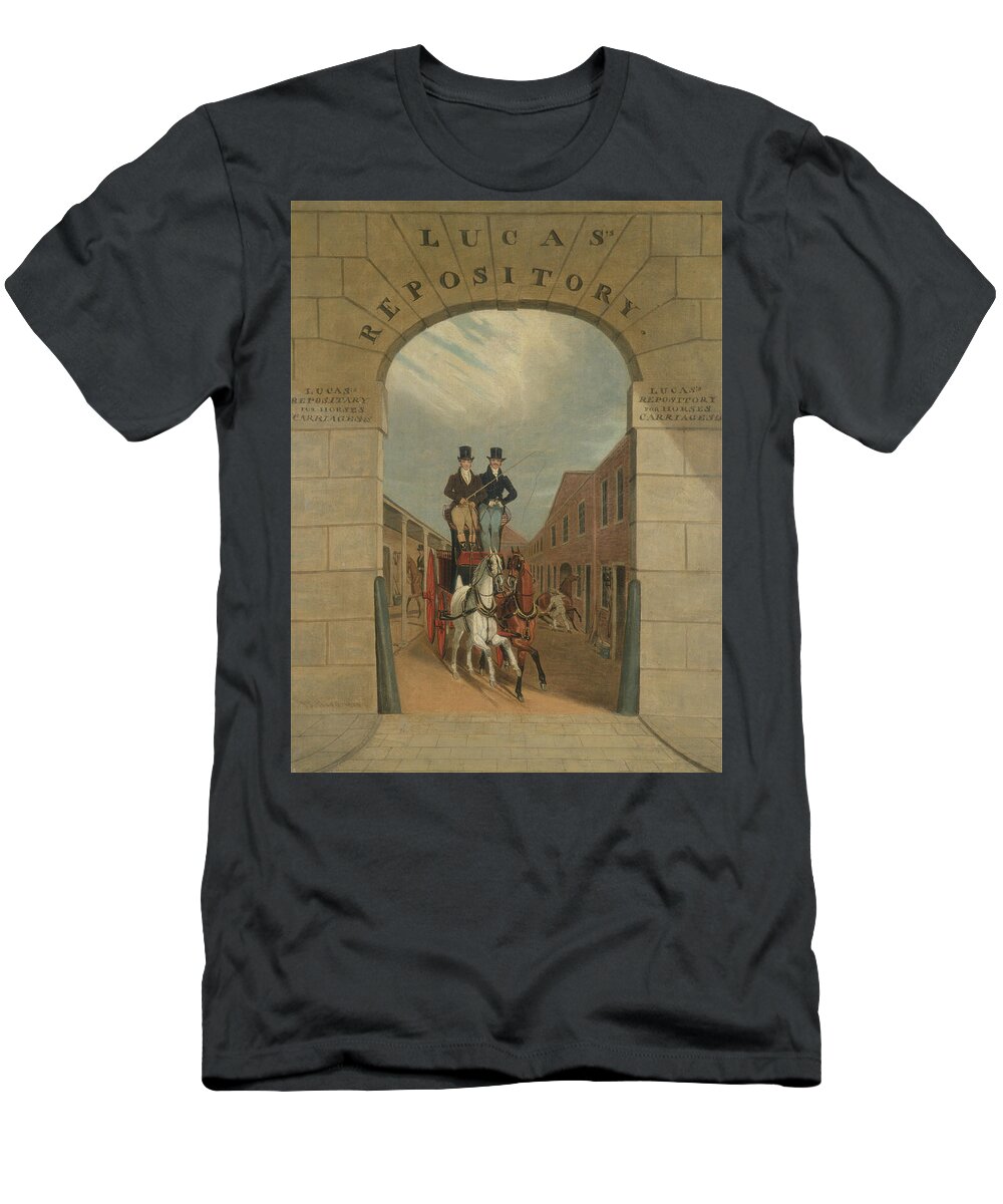 19th Century Art T-Shirt featuring the painting Schooling a Pair in a Brake at Lucas's Yard, Clerkenwell, from 1818 by James Pollard