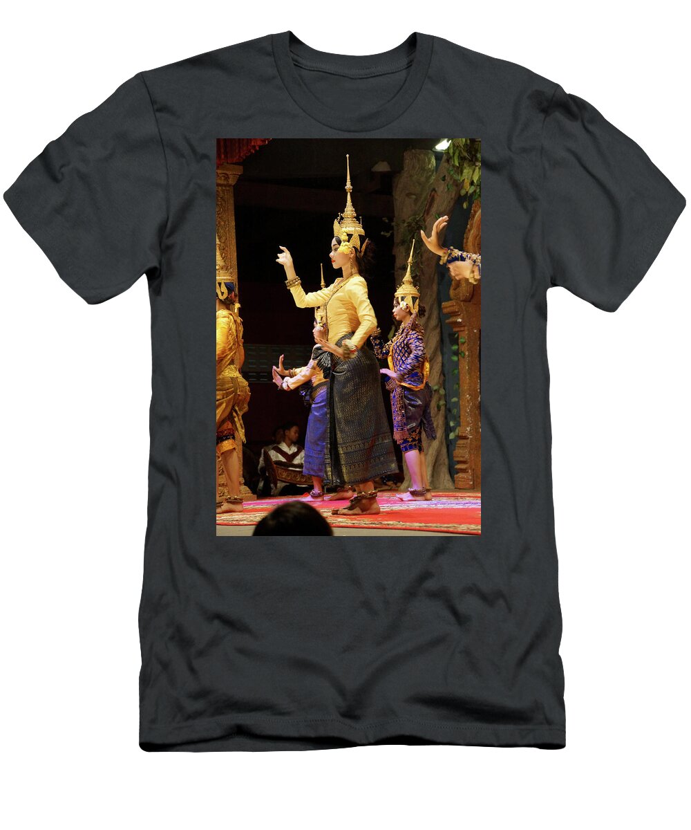 Cambodia T-Shirt featuring the photograph Solo Apsara dancer uses hand gestures #1 by Steve Estvanik