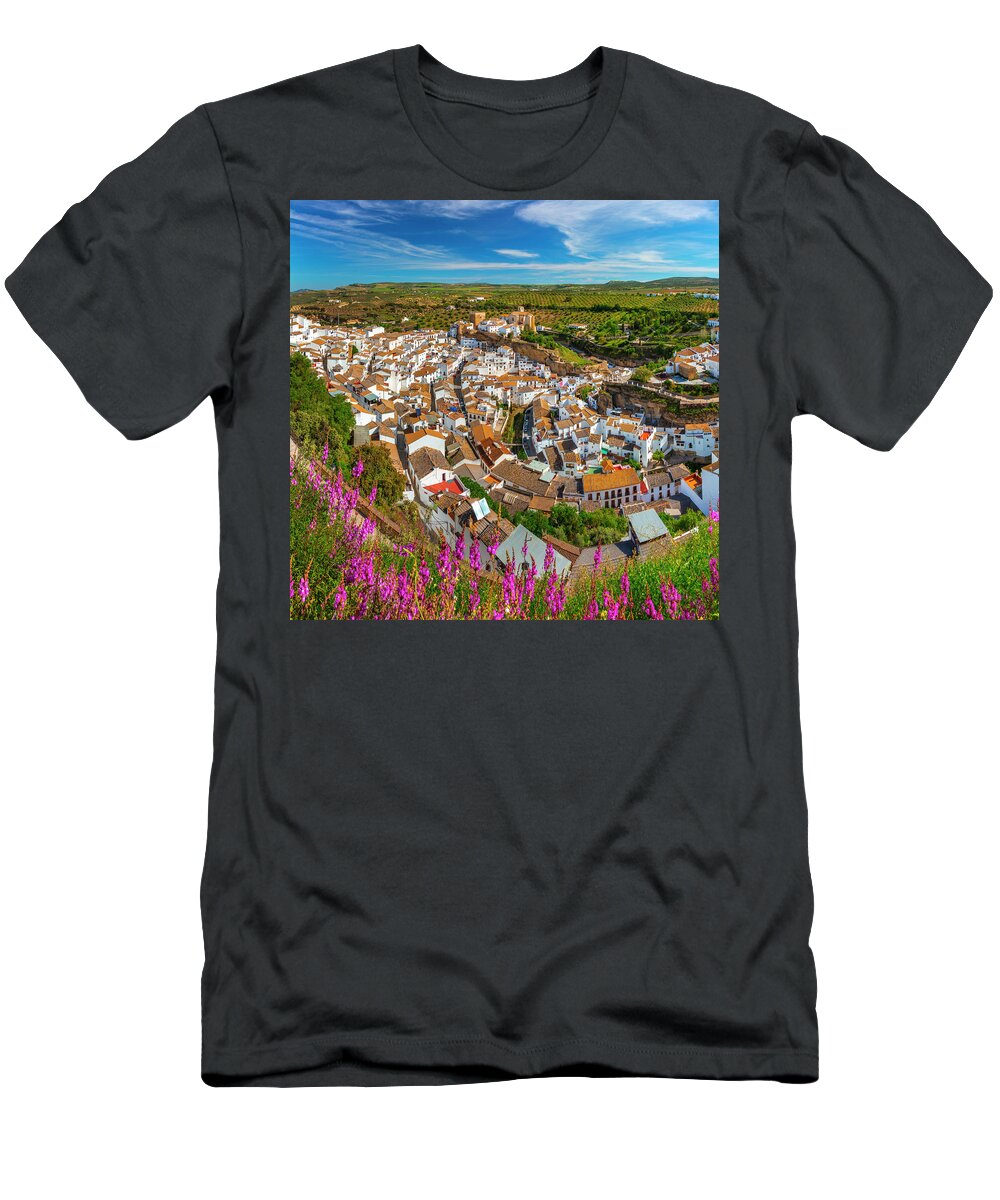 Estock T-Shirt featuring the digital art Spain, Andalusia, Setenil De Las Bodegas, Cadiz District, Costa Del Sol, White Towns, Top View Of The White Town #1 by Olimpio Fantuz