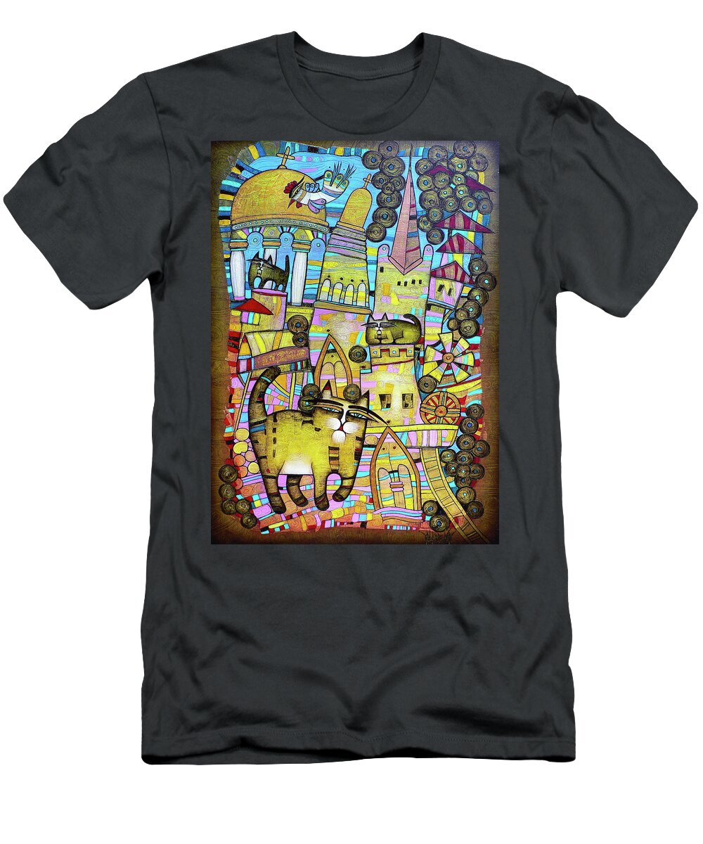 Village T-Shirt featuring the painting The village of 100 cats by Albena Vatcheva