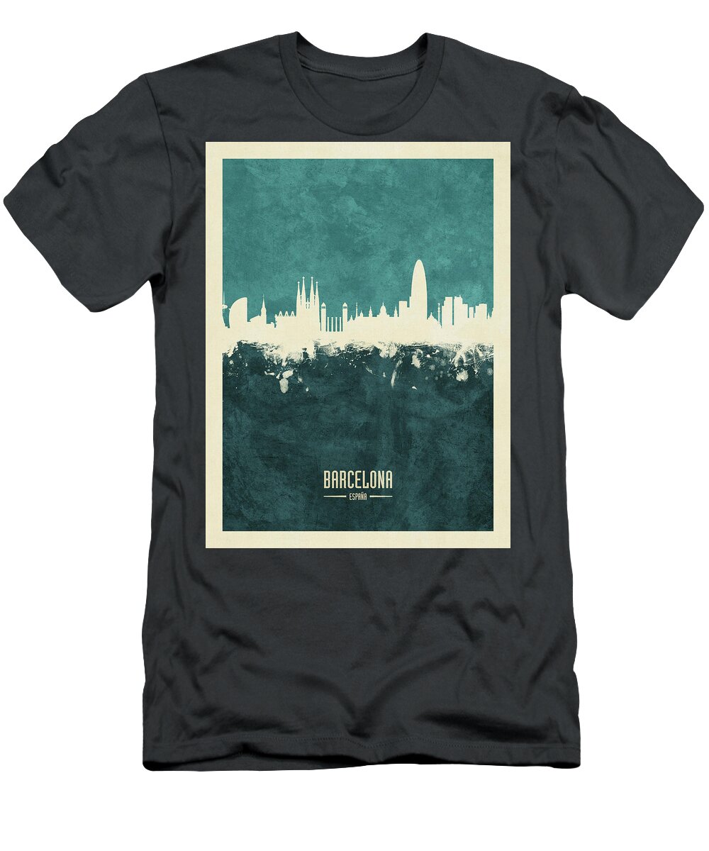 Barcelona T-Shirt featuring the digital art Barcelona Spain Skyline #13 by Michael Tompsett